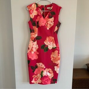 Calvin Klein Scuba Sheath Dress Floral Pink Sleeveless V Neck Fitted Size 6